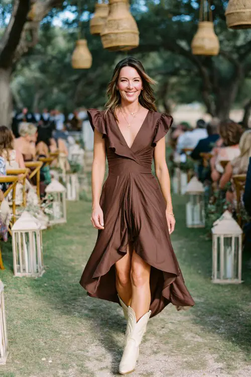 A woman wears a chocolate brown pleated high-low dress with short sleeves and cream cowboy boots