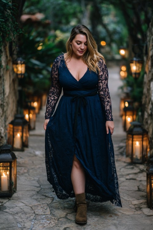 A plus size woman wears a navy lace gown with a flowing skirt, styled with dark suede boots
