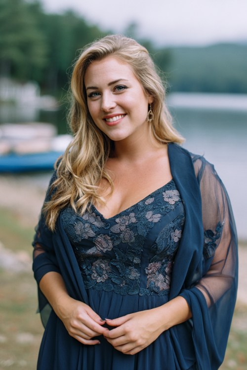 A curvy woman wears a navy chiffon gown with sheer embroidered overlay and a flowy hem
