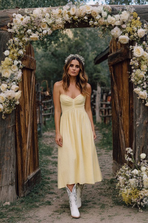 A woman wears a flowy pastel yellow dress with white cowboy boots and a delicate headband (2)