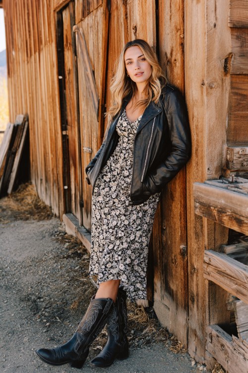 A woman wears tall black cowboy boots with a floral wrap dress and leather jacket