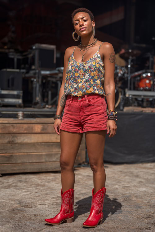 A woman in high-rise mom shorts, a tucked-in floral tank top, and bright red cowgirl boots, accessorized with hoop earrings and layered bracelets