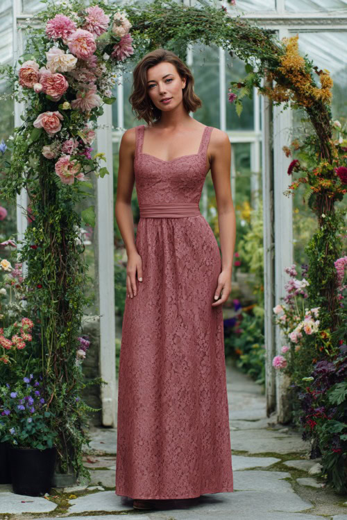 A woman over 50 wearing a dusty rose floor-length gown with a square neckline and lace overlay, standing beside an elegant floral arch inside a glasshouse venue