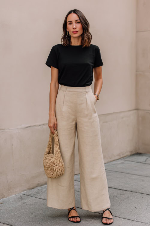 A woman in a basic black tee tucked into beige wide-leg pants with flat mules and a straw crossbody bag, styled for casual city nights, simple studio background