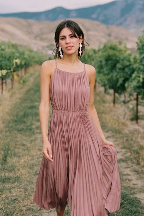A woman wears a dusty rose pleated midi dress with a simple round neckline