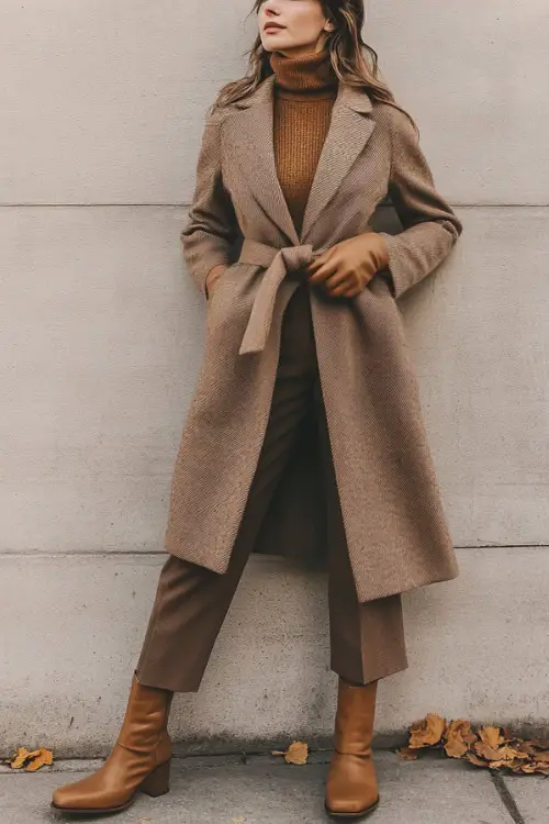 A woman wearing a belted wool coat over a turtleneck sweater and wide-leg trousers, styled with heeled ankle boots and leather gloves