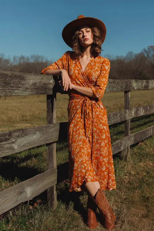 A woman wears an orange floral midi wrap dress with brown cowboy boots and a wide-brim brown hat