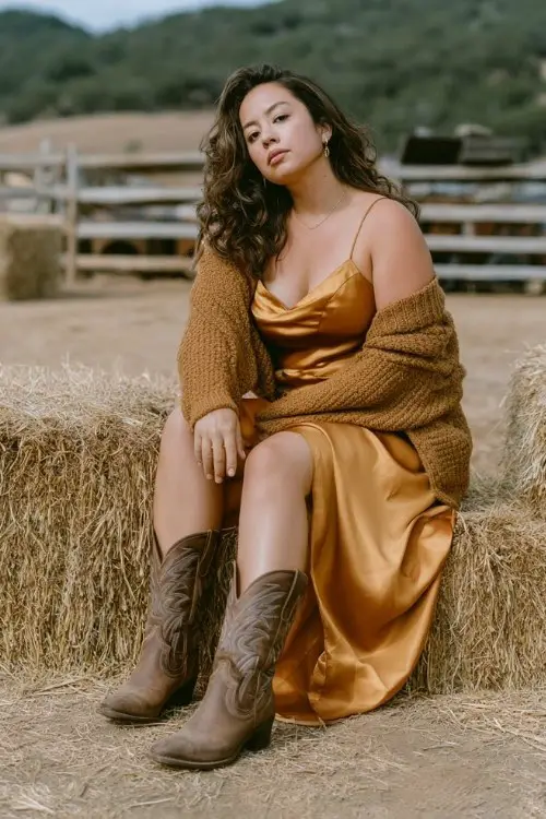 A curvy woman wears a satin slip dress layered with a chunky knit sweater and brown cowboy boots