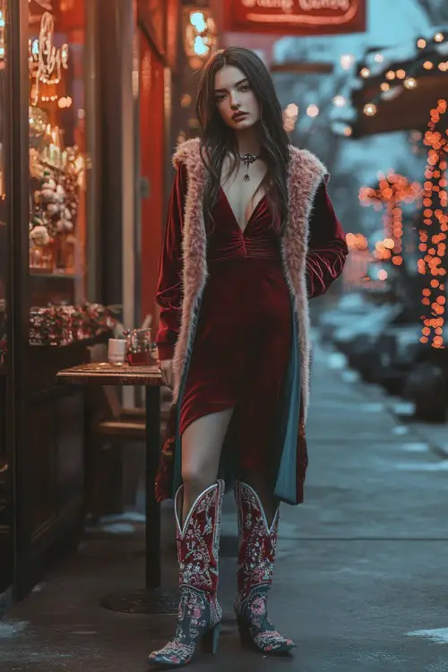 A romantic winter outfit with a velvet wrap dress, embroidered cowboy boots, and a faux fur stole