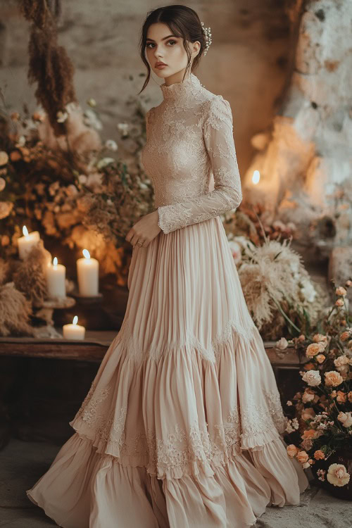 A chic woman in a pastel lavender sleeveless A-line midi dress with floral lace accents, a sweetheart neckline