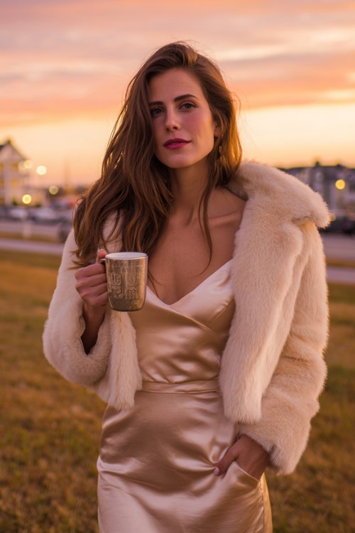 A woman wears a champagne satin dress topped with a cream faux-fur cropped jacket