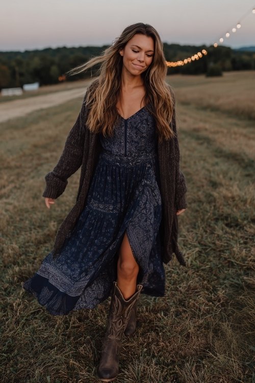 A woman in a navy boho maxi dress with paisley print and lace insets, paired with distressed leather cowboy boots and a long knit cardigan