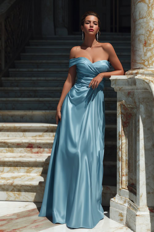 A woman in a light blue off-shoulder evening gown with a soft train and crystal earrings, standing near a decorated staircase at a luxury estate venue