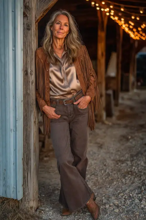 woman over 50 wears straight-leg jeans with a satin blouse tucked in, styled with a suede fringe jacket and cowboy boots, standing near a rustic barn with string lights