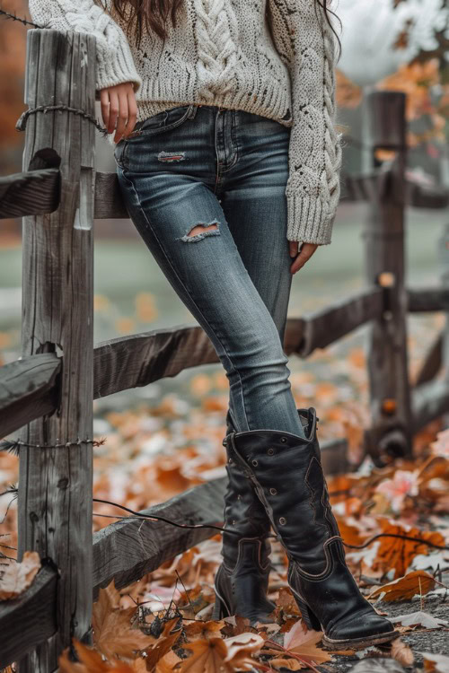 a woman wears a sweater, jeans and black cowboy boots
