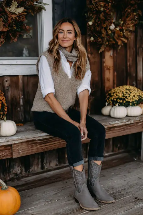 A woman over 30 wears skinny black jeans, a warm taupe sweater vest layered over a white blouse, and grey cowboy boots