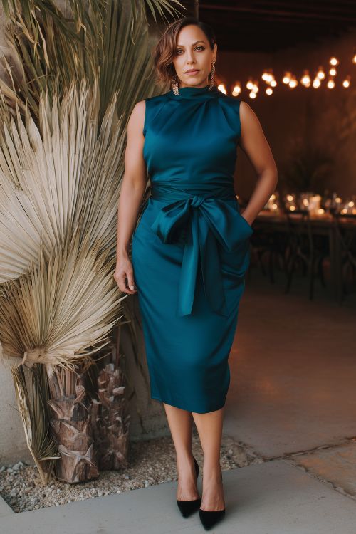 A curvy woman wears a midnight teal dress with a structured fit, open back, and oversized satin bow at the waist