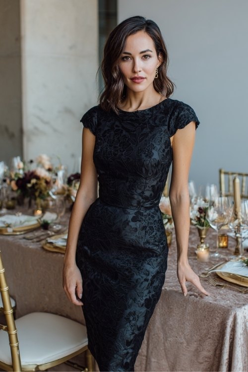 a woman over 50 in a black jacquard knee-length sheath dress with subtle floral pattern and cap sleeves (2)