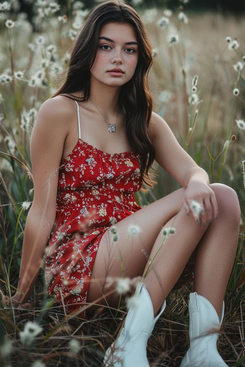 a woman wears red romper with white cowboy boots on the field