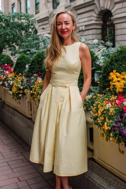 a woman over 50 in a pale yellow A-line dress with pleated skirt (2)