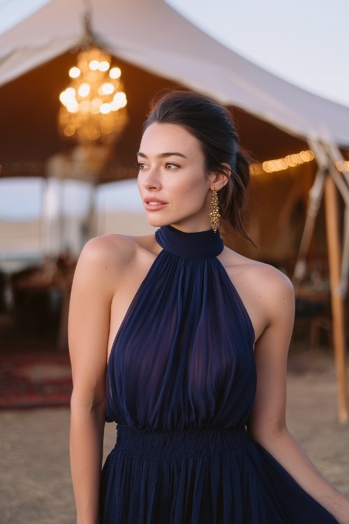 A petite woman in a navy chiffon high-neck gown with a flowing skirt and gold earrings (2)
