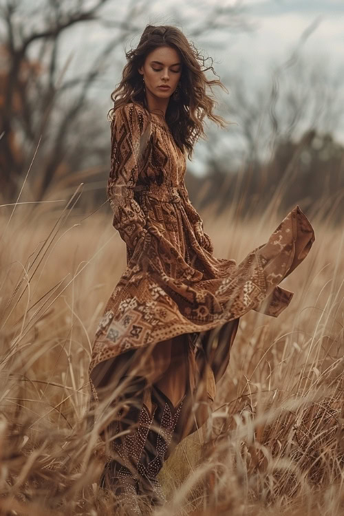 a woman wears cowboy boots with a brown western dress