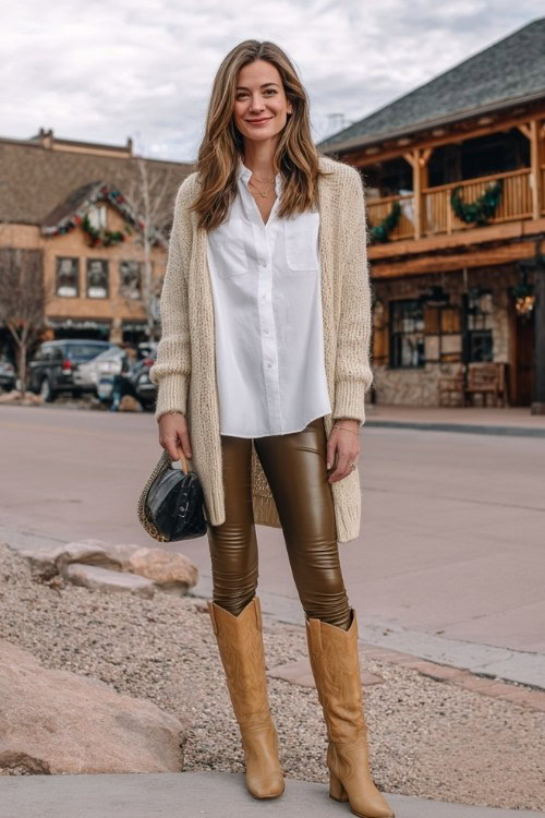 A woman over 30 wears faux-leather leggings with tan tall cowboy boots and a white button-down shirt layered under a cozy cardigan