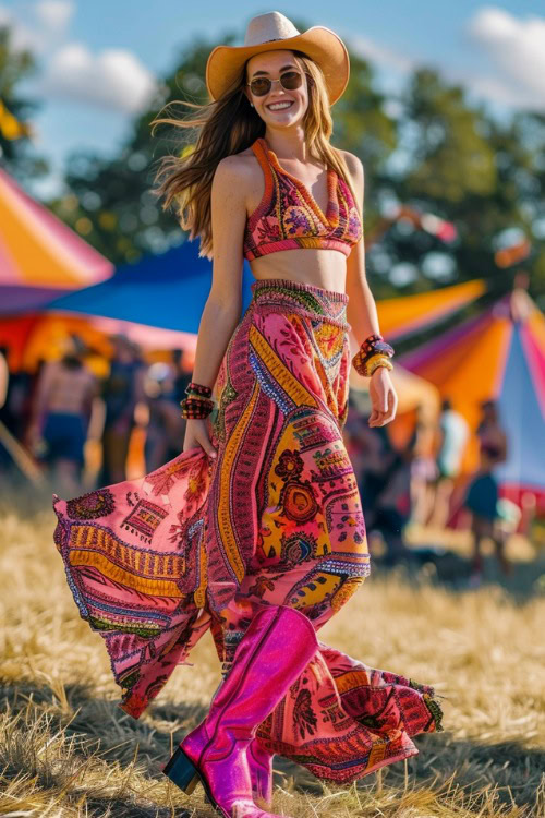 a woman wears sparkly pink cowboy boots and a boho two piece dress