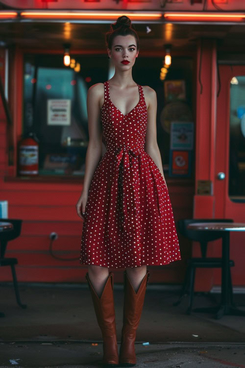 A woman wears brown cowboy boots with a red dotted dress
