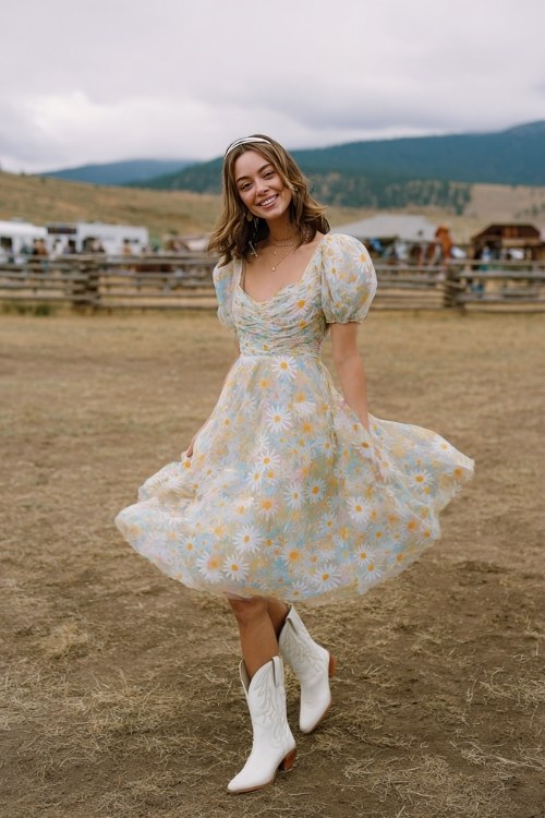 A woman wears a floral tulle midi dress in pastel tones with embroidered daisies, paired with white cowboy boots and a dainty headband (2)