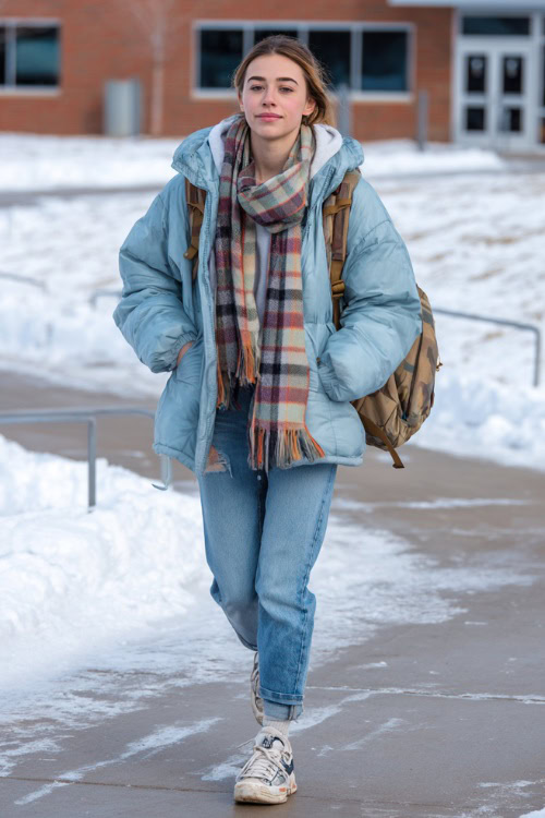 Teen girl wearing a puffer jacket, plaid scarf, jeans, and sneakers, carrying a backpack while walking across a snowy school campus
