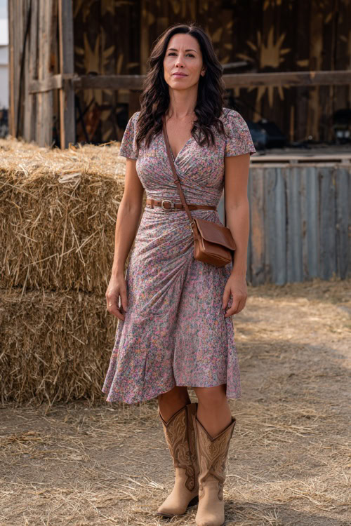 A woman over 40 wearing a floral wrap midi dress with short sleeves, paired with tan cowboy boots and a small leather crossbody bag