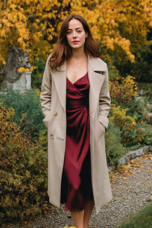A woman wears a long wine-colored satin dress with a tailored beige wool coat