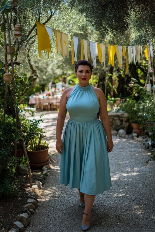 A plus-size woman in a light blue sleeveless midi dress with pleated skirt and block heels, walking through a garden path with greenery and wedding decor