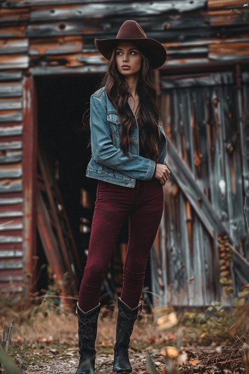 a woman wears burgundy pants, black cowboy boots with a denim jacket