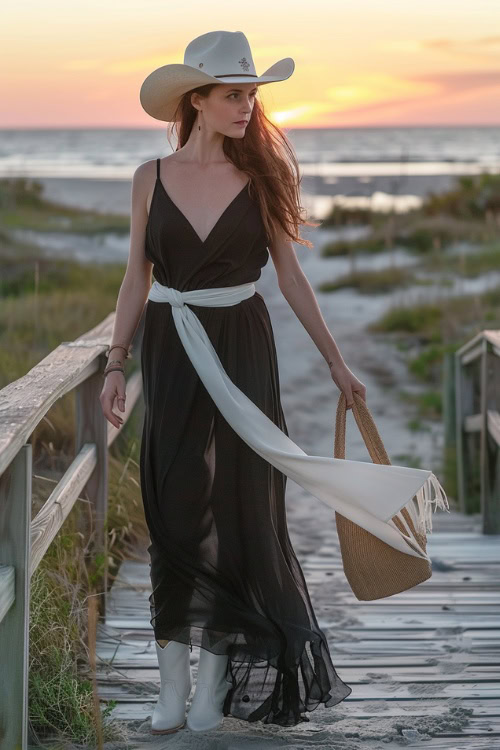 a woman wears black wrap dress and cowboy boots with bag