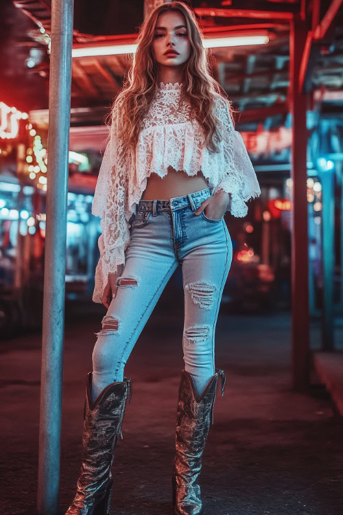A fashionable woman in a lace blouse tucked into ripped jeans, paired with knee-high western boots, accessorized with a metallic crossbody bag