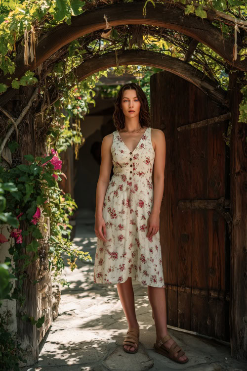 A woman in a floral sleeveless cotton midi dress with buttons down the front and flat sandals, standing under a rustic wooden arch covered in vines and flowers