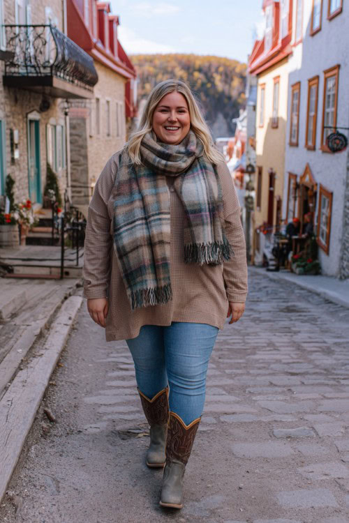 A plus-size woman wears raw-hem ankle jeans, a cozy plaid oversized scarf over a long-sleeve tunic, and two-tone cowboy boots