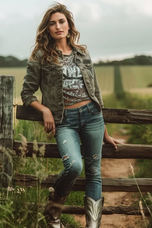 a woman wears silver cowboy boots, ripped jeans and jean jacket