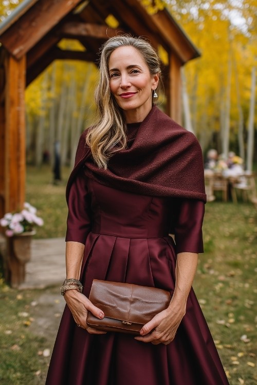 A woman over 50 wears a deep burgundy satin wedding guest dress with a matching shawl and holds a brown clutch