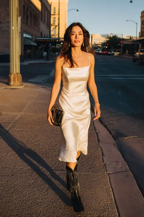 A woman over 35 wears a white silk midi dress with pointed black cowboy boots and a structured clutch