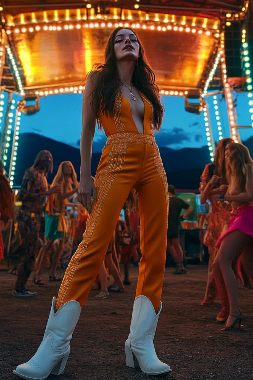 A woman wears a fitted jumpsuit with flared legs and white cowboy boots, standing in front of an outdoor summer concert stage decorated with neon lights