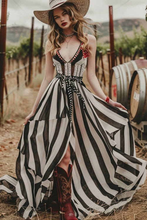 A woman wears cowboy boots with a striped dress