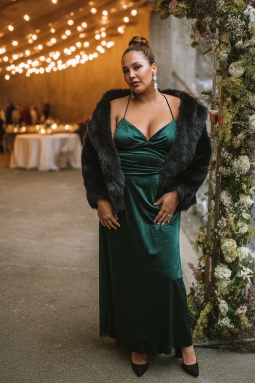 A plus-size woman wears an emerald green velvet gown with a black faux fur coat