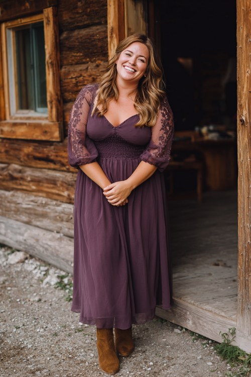 A plus size woman wears a plum chiffon maxi dress with sheer embroidered sleeves, paired with heeled suede boots
