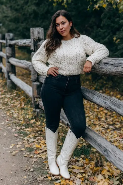 A curvy woman wears dark skinny jeans with a cream knit sweater and tall white cowboy boots outfit for fall