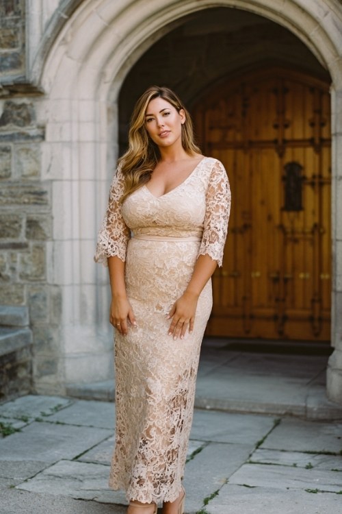 A curvy woman wears a champagne-colored gown with lace overlay and sheer sleeves, styled with block heels