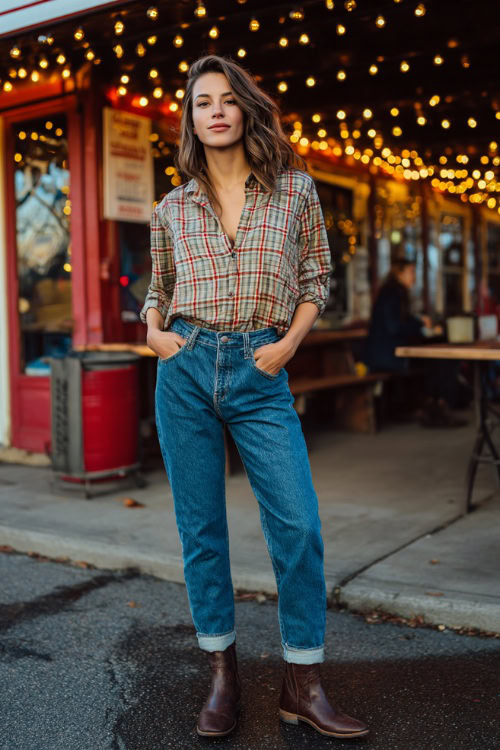 A woman wearing blue mom jeans, a plaid button-up shirt, and Chelsea boots