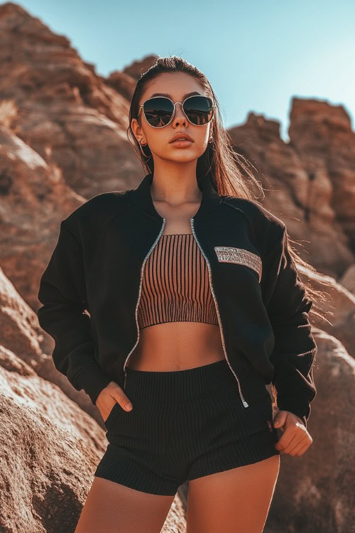 A woman in a cropped varsity jacket with a ribbed mini dress and high-top sneakers, styled with a slicked ponytail and statement sunglasses, standing near desert rocks